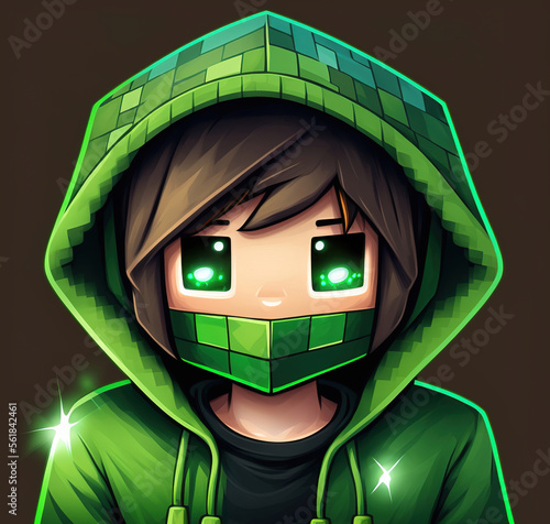 Boy character with green eyes and a green hoodie from minecraft, ai art