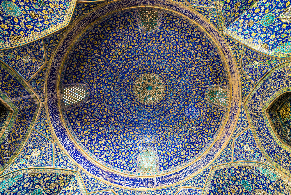 Decorated ceiling of Shah Mosque - Imam Mosque in Isfahan city, Iran