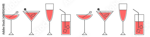 Cocktails collection, alcoholic and non-alcoholic summer drinks with ice cubes of lemon, lime, and mint. Whiskey with ice, tequila, vodka, sambuca, mojito. Vector illustration of summer cocktails.