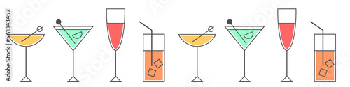 Cocktails collection, alcoholic and non-alcoholic summer drinks with ice cubes of lemon, lime, and mint. Whiskey with ice, tequila, vodka, sambuca, mojito. Vector illustration of summer cocktails.
