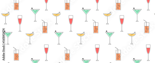 Seamless pattern with cocktails collection, alcoholic and non-alcoholic summer drinks with ice cubes of lemon, lime, and mint. Whiskey with ice, tequila, vodka, sambuca, mojito. Vector illustration 