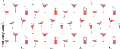 Seamless pattern with cocktails collection, alcoholic and non-alcoholic summer drinks with ice cubes of lemon, lime, and mint. Whiskey with ice, tequila, vodka, sambuca, mojito. Vector illustration