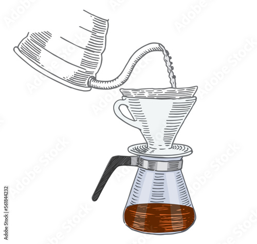 V60 dripper brewing filter coffee. Hand drawn vector illustration.