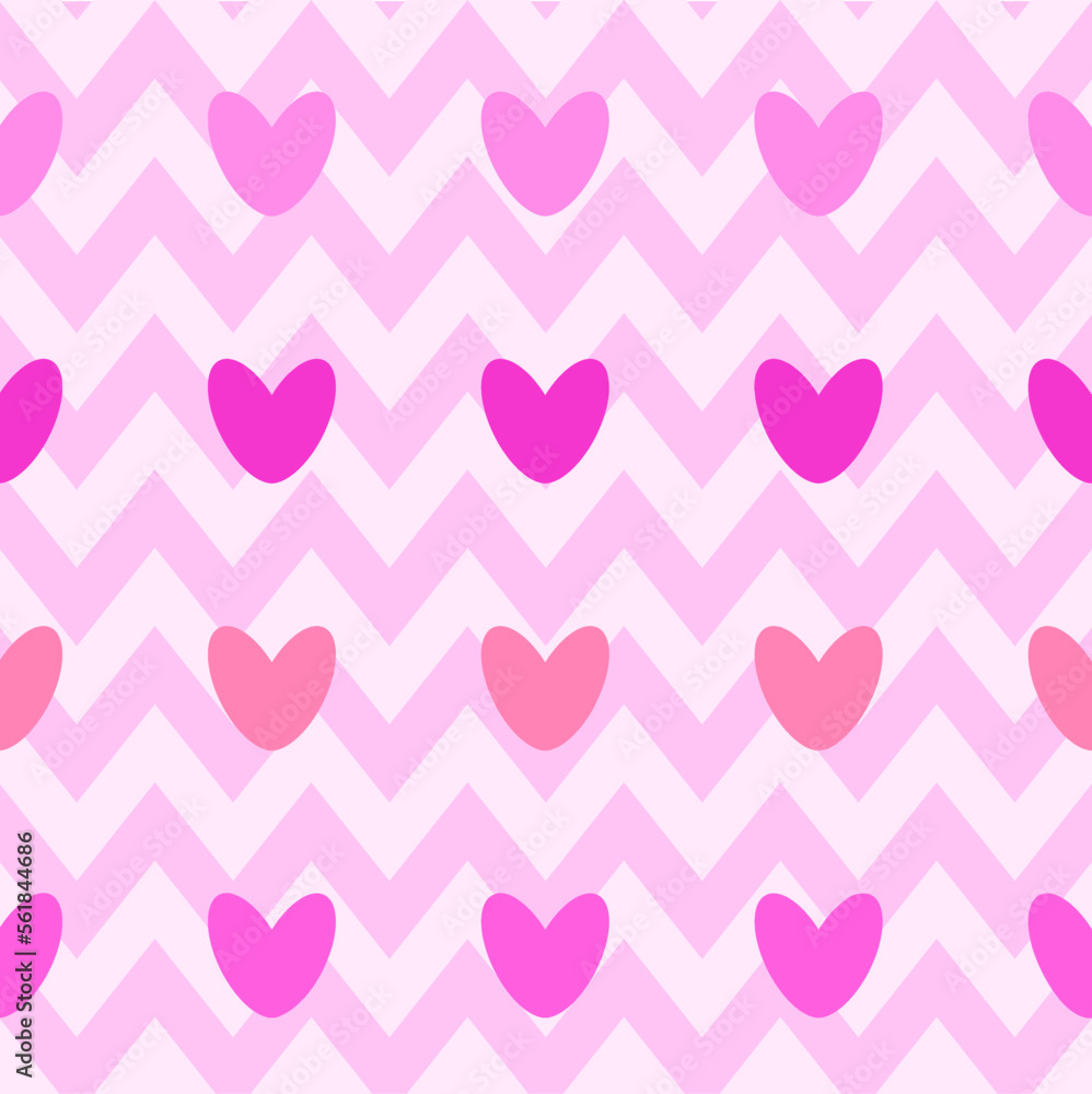 seamless pattern with pink hearts on zigzag background. Geometric vector design. Love, Valentine's day concept