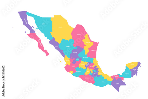 Mexico political map of administrative divisions - states and Mexico City. Colorful vector map with labels.