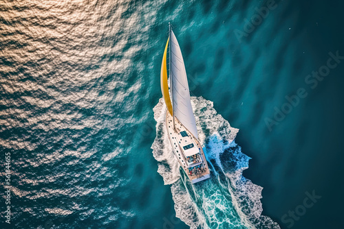 Incredible view of a yacht sailing in the open ocean on a windy day. Birds eye view from a drone. Enhance color processing. Generative AI