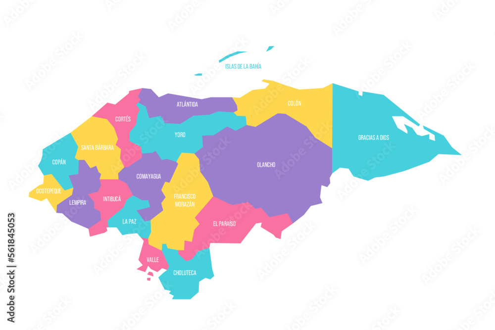 Honduras political map of administrative divisions - departments. Colorful vector map with labels.
