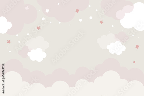 Vector hand drawn childish 3d wallpaper with clouds. Aerial white clouds, stars and dots on a blue background. Lovely wallpaper for the kids room.	