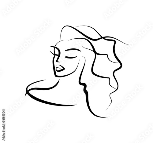Woman face icon. Lush hairstyle. Minimalistic portrait of a young woman. Beauty salon icon. Cosmetology logo.