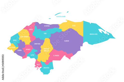 Fototapeta Naklejka Na Ścianę i Meble -  Honduras political map of administrative divisions - departments. Colorful vector map with labels.