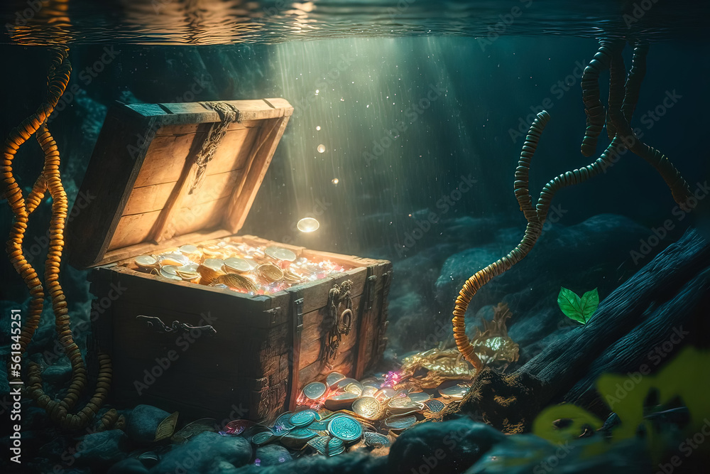 Fantastic picture of the treasure chest in majestic places of the sea