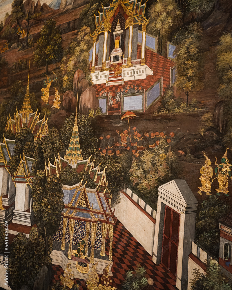 Fototapeta premium Wandmalerei des alten buddhistischen Tempels, des Lebens von Buddha, im Wat Pho in Bangkok, Thailand