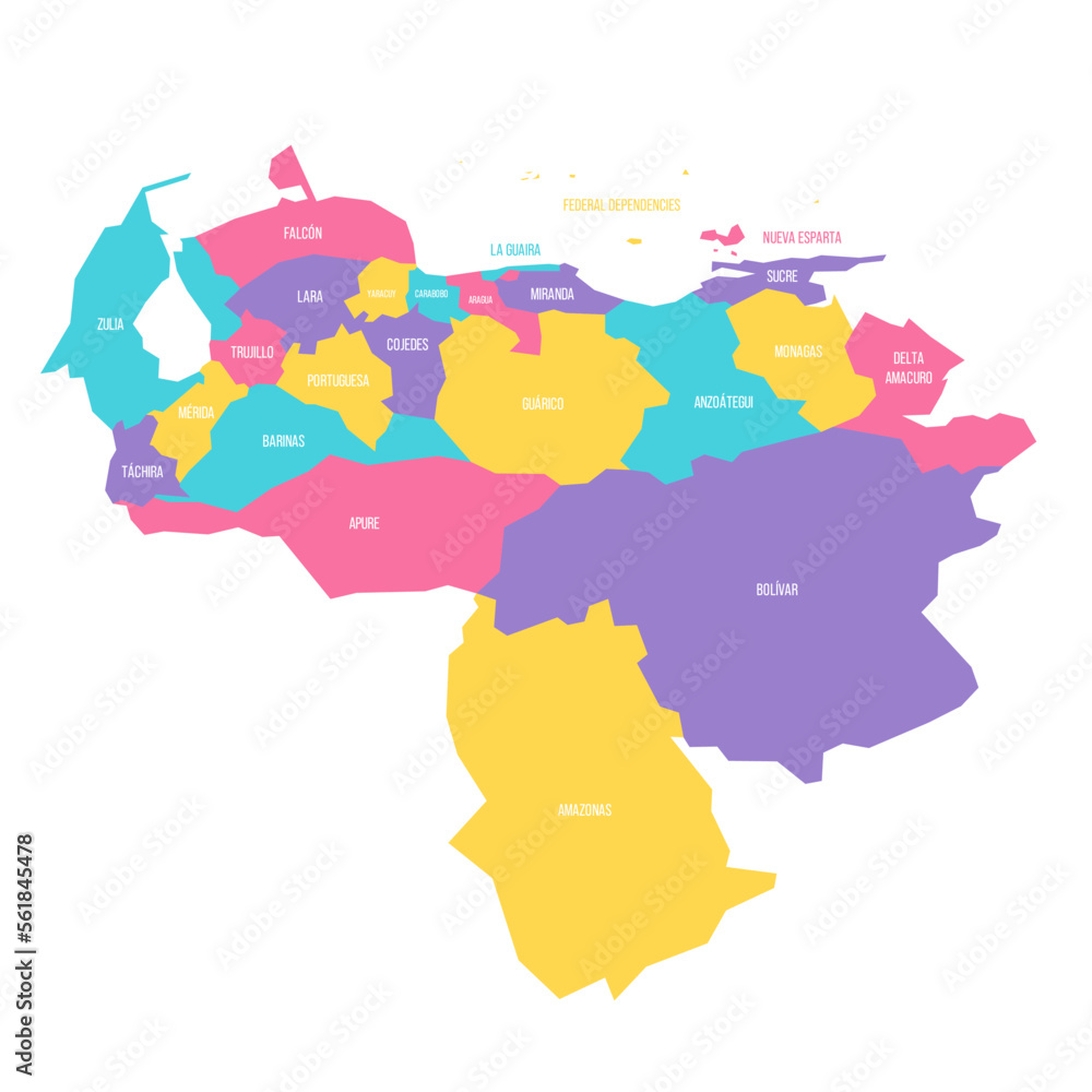 Venezuela political map of administrative divisions - states, capital district and federal dependencies. Colorful vector map with labels.