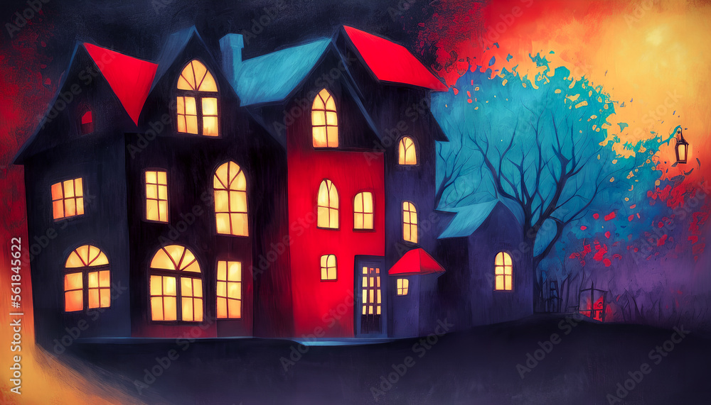 A surrealist expressionist painting depicts a terrifying house in bold colors. The use of intense hues and distorted forms convey a sense of unease and dread. Generative AI A surrealist expressionist painting depicts a terrifying house in bold colors. The use of intense hues and distorted forms convey a sense of unease and dread. Generative AI
