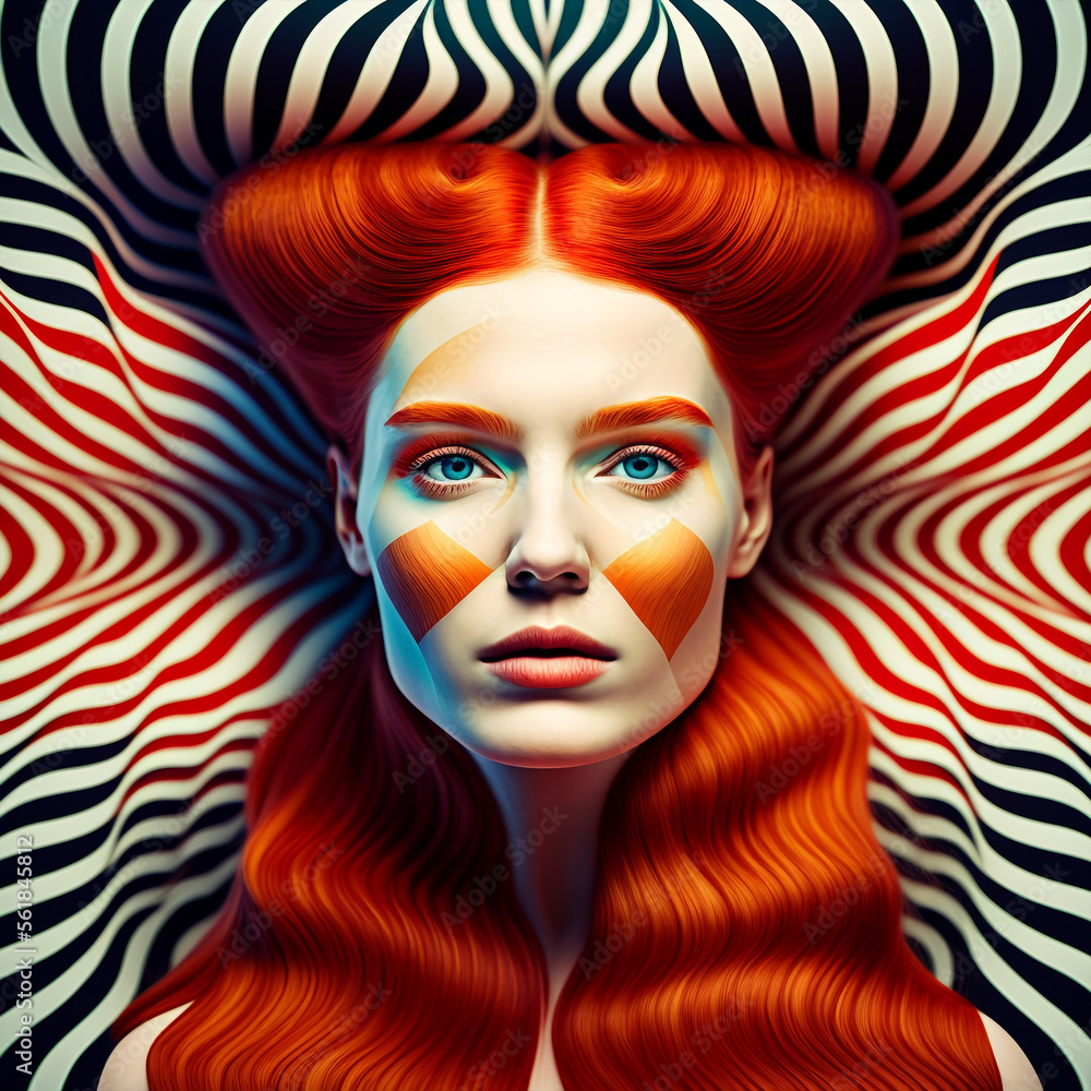 Generative ai optical art fashion portrait redhead young woman posing looking camera Generative ai optical art fashion portrait redhead young woman posing looking camera