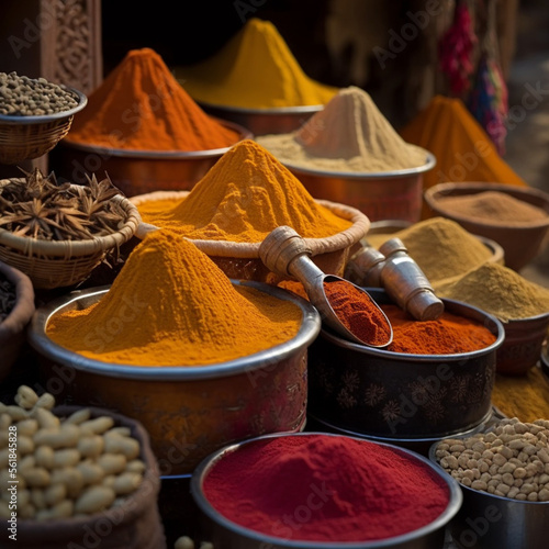 Indian spices in a market. Generative AI.	
