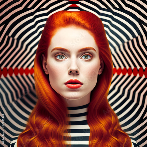 Generative ai optical art fashion portrait redhead young woman posing looking camera