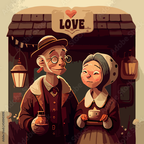 illustration of cute old couple and love text