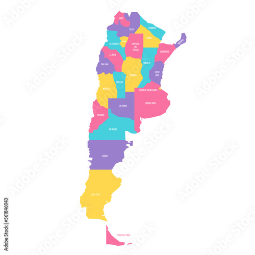 Argentina political map of administrative divisions - provinces and autonomous city of Buenos Aires. Colorful vector map with labels.