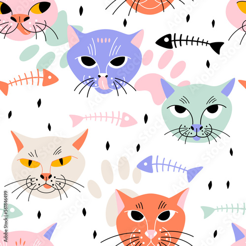 Funny hand drawn cat faces on white background with abstract decor. Vector seamless pattern with colorful modern animals.