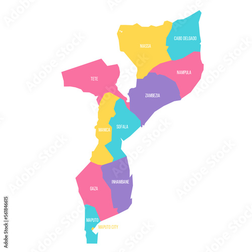 Mozambique political map of administrative divisions - provinces and capital city of Maputo. Colorful vector map with labels.
