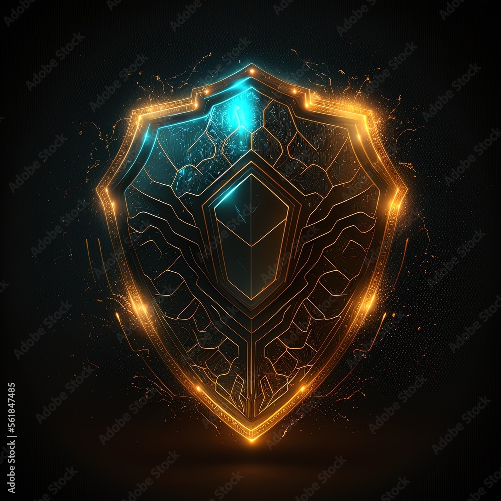 Fototapeta premium Protection at the forefront: Futuristic security shield concept design featuring glowing lines on a dark isolated background