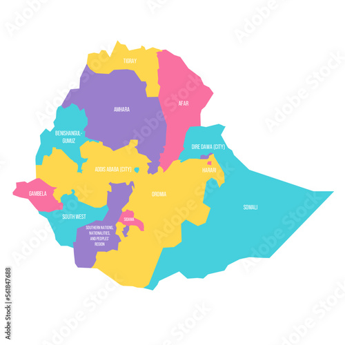 Ethiopia political map of administrative divisions - regions and chartered cities. Colorful vector map with labels.