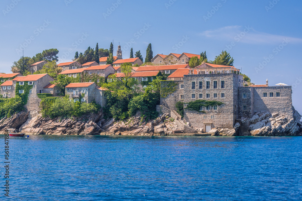 Buildings on Sveti Stefan isle on Adriatic shore in Montenegro