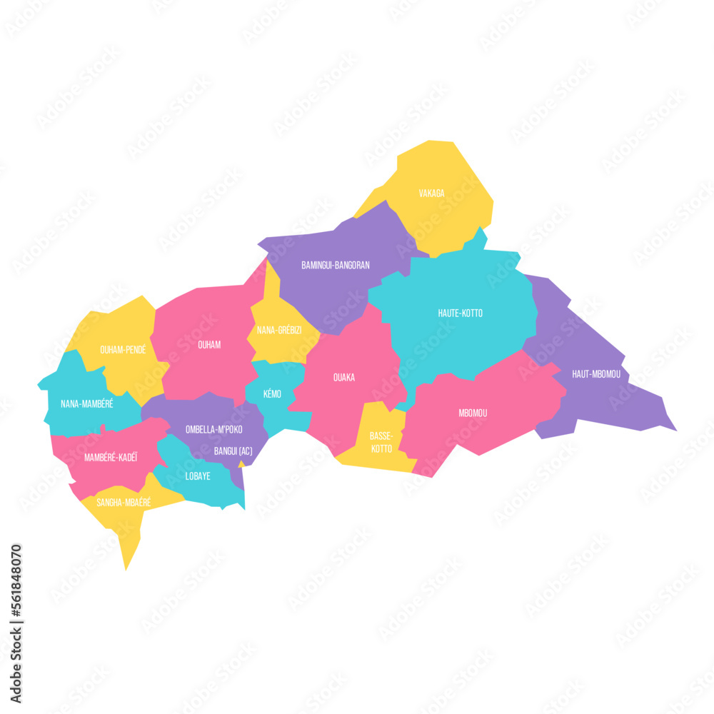 Fototapeta Central African Republic political map of administrative divisions - prefectures and autonomous commune Bangui. Colorful vector map with labels.