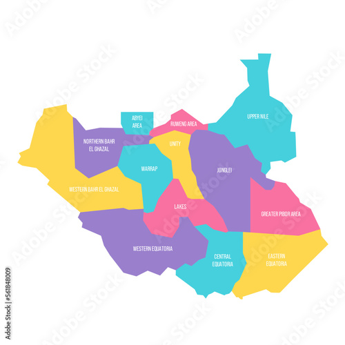 South Sudan political map of administrative divisions - states, administrative areas and area with special administrative status. Colorful vector map with labels. photo