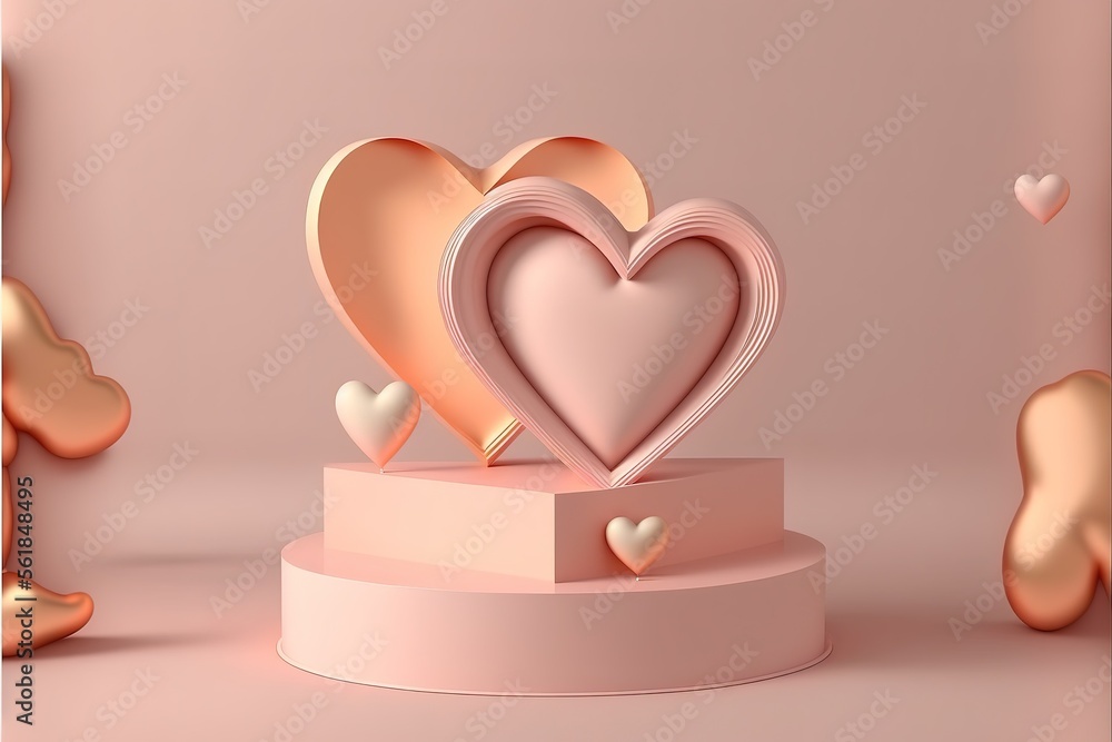 3D pastel pink podium display with heart shape decoration. Powder Pink studio product promotion background. Generative AI