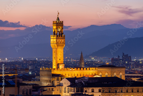 Palazzo Vecchio palace over city center at sunset, Florence, Italy © Mistervlad