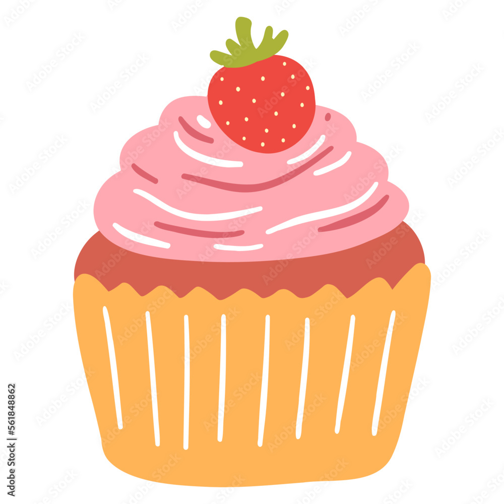 Hand drawn delicious cupcake in cartoon style. Vector illustration of sweets, dessert, pastries