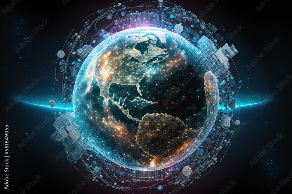 Obraz premium International information sharing through the internet and connected satellites for finance, cryptocurrencies, or Internet of Things technologies