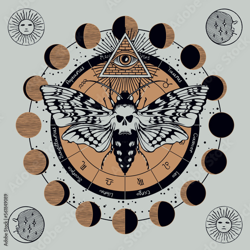 Hand-drawn scary butterfly moth dead head on the background of magical symbols of zodiac signs, moon phases in a circle. Witchcraft, occult attributes, alchemical signs.