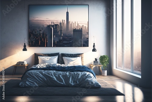  a bedroom with a large picture hanging above the bed and a window with a city view in the background and a bed with a blue comforter and pillows on the floor and a rug. generative ai