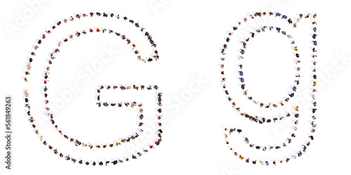 Concept or conceptual large community of people forming the font G. 3d illustration metaphor for unity and diversity, humanitarian, teamwork, cooperation, education, friendship and community