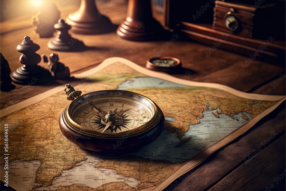 Compass And Chess On Old Map Stock Photo, Picture and Royalty Free Image.  Image 41531877.