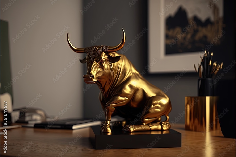 a golden bull statue sitting on top of a desk next to a pen and a