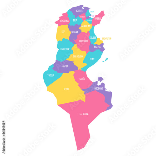 Tunisia political map of administrative divisions - governorates. Colorful vector map with labels.