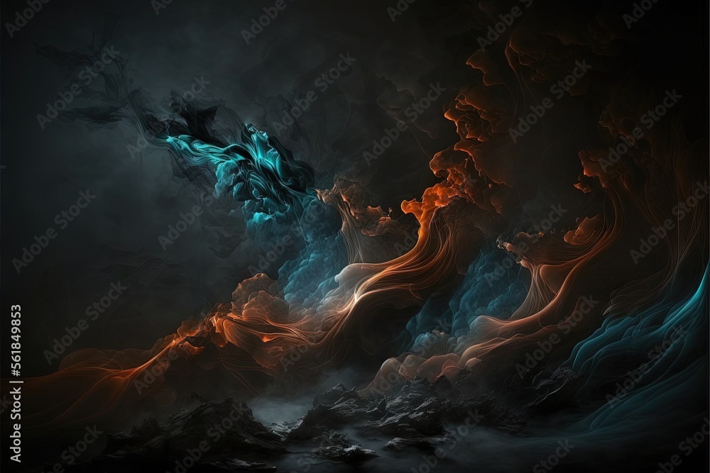 a painting of a blue and orange swirl on a black background with a ...