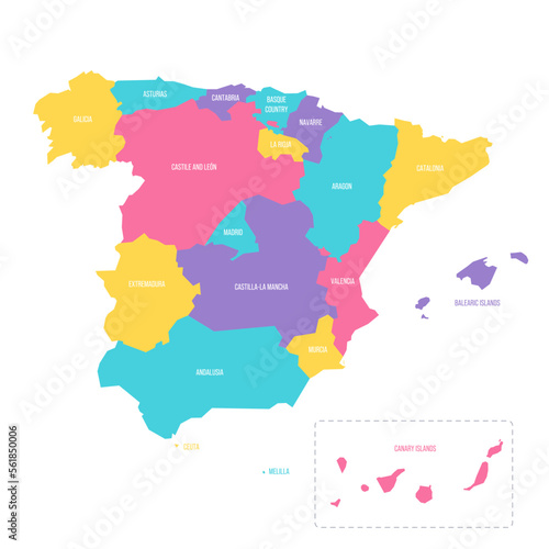 Spain political map of administrative divisions - autonomous communities and autonomous cities of Ceuta and Melilla. Colorful vector map with labels.