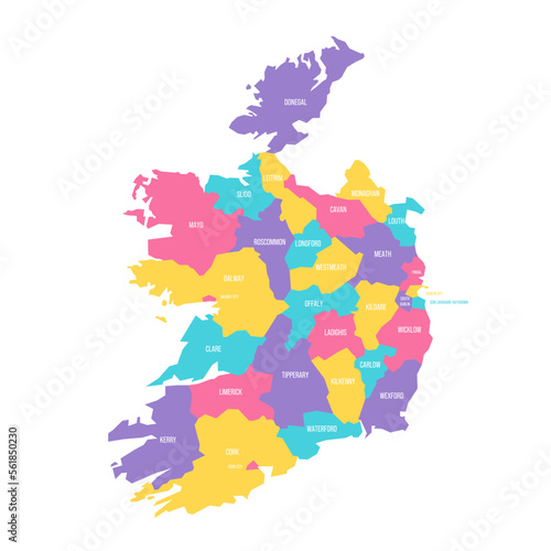 Ireland political map of administrative divisions - counties and cities. Colorful vector map with labels.