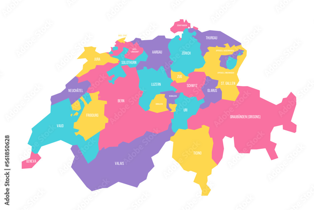 Switzerland political map of administrative divisions - cantons. Colorful vector map with labels.