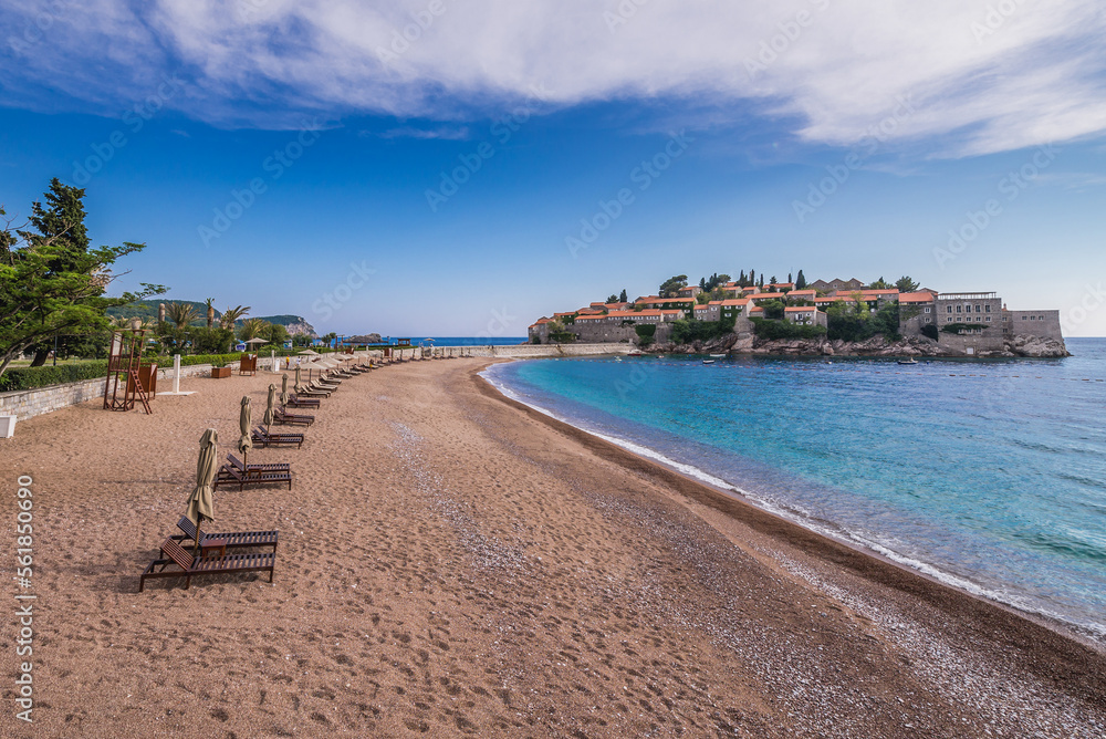 Beach nex to the Sveti Stefan islet on the Adriatic coast in Montenegro