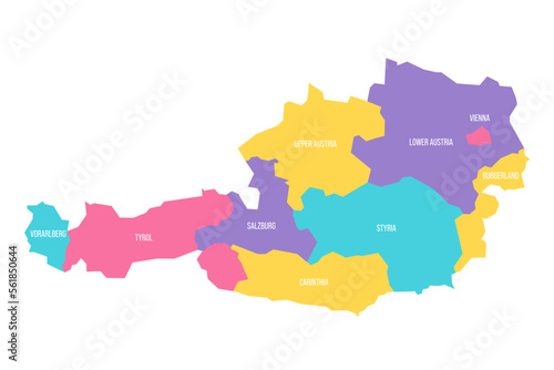 Austria political map of administrative divisions - federal states. Colorful vector map with labels.