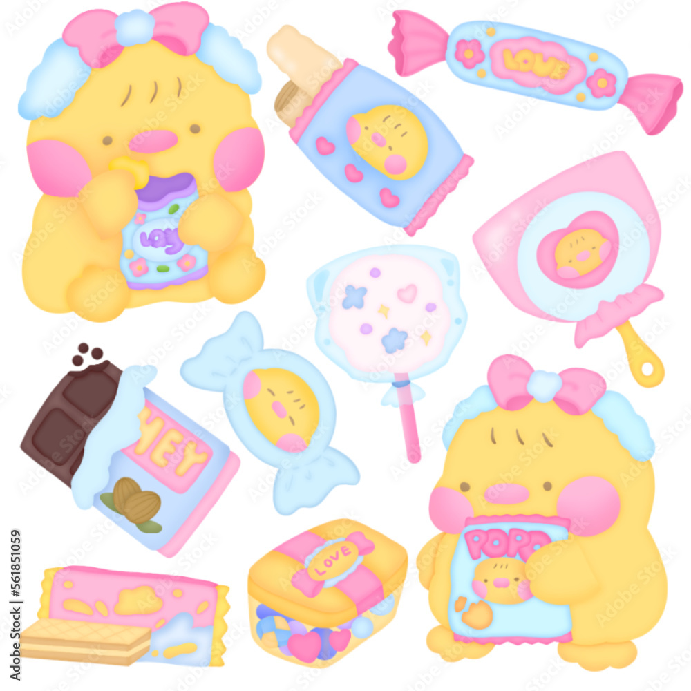Yellow chick with sweets dessert chocolate cotton candy Yellow chick with sweets dessert chocolate cotton candy