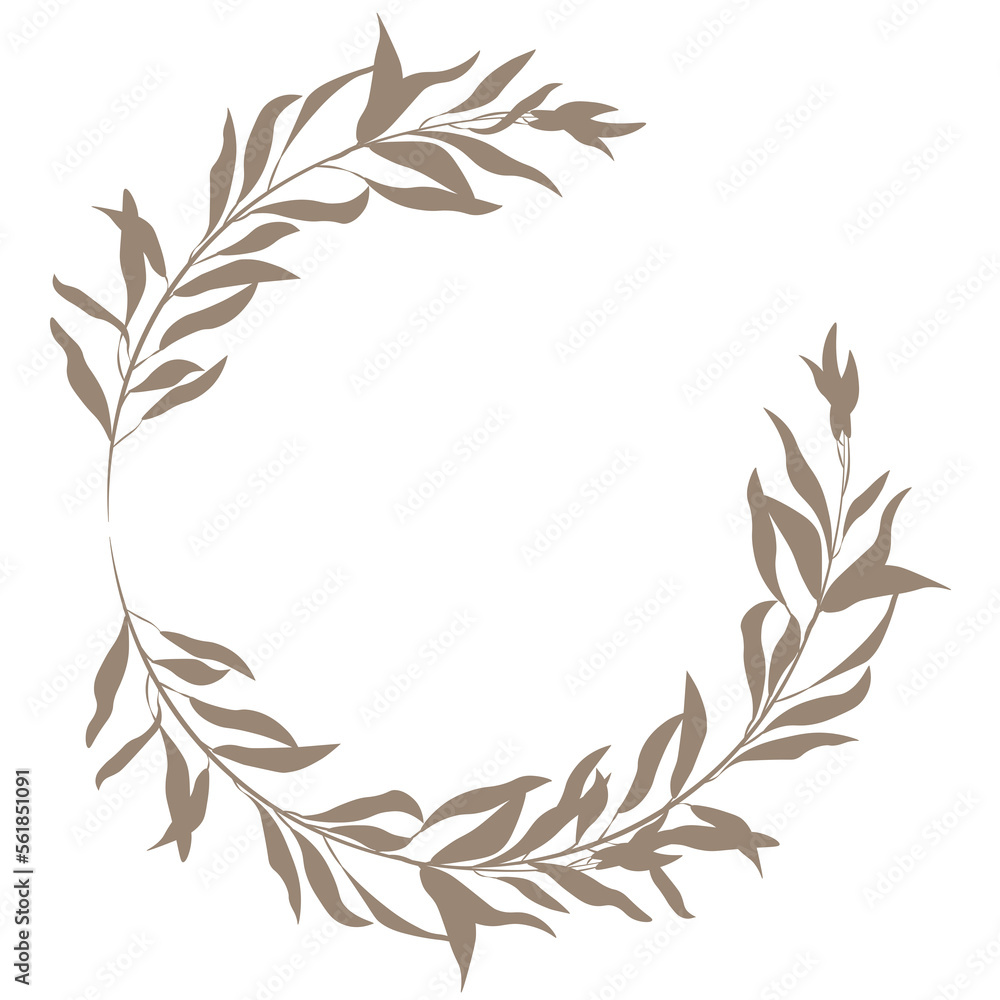 vector hand drawn olive wreath circle, round frame with dry leaves ...