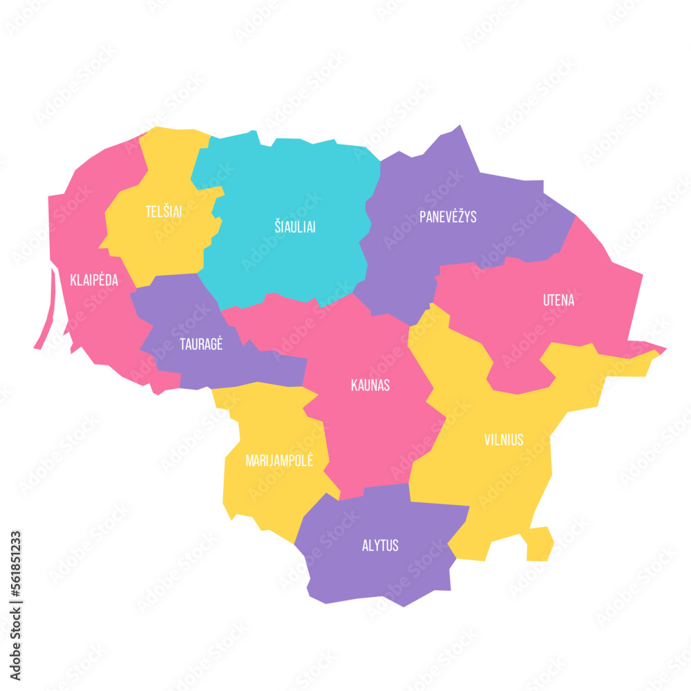 Lithuania political map of administrative divisions - counties. Colorful vector map with labels.