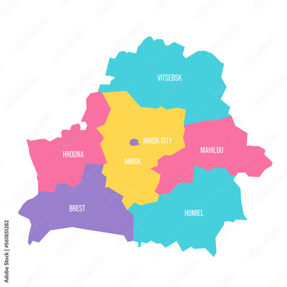 Belarus political map of administrative divisions - regions and one autonomous city. Colorful vector map with labels.